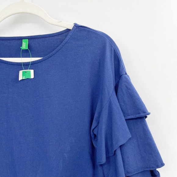 United Colors of Benetton Ruffled Top Blue Solid Size XS 100% Cotton NWT - Picture 2 of 10